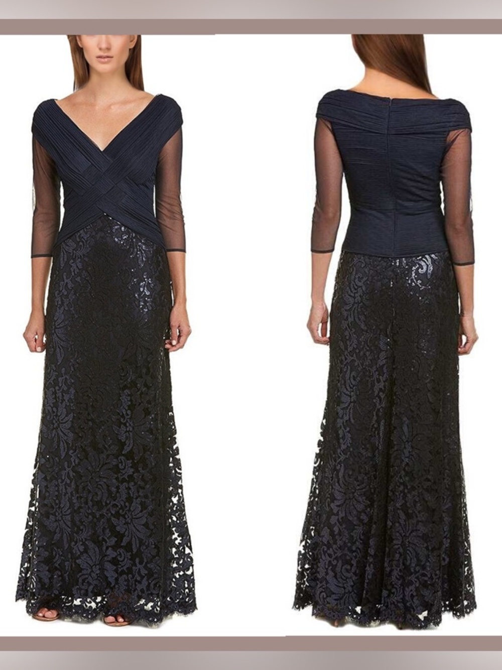 Tadashi Shoji Navy Lace sequin Evening Gown with Sheer Sleeves maxi mesh 10 p